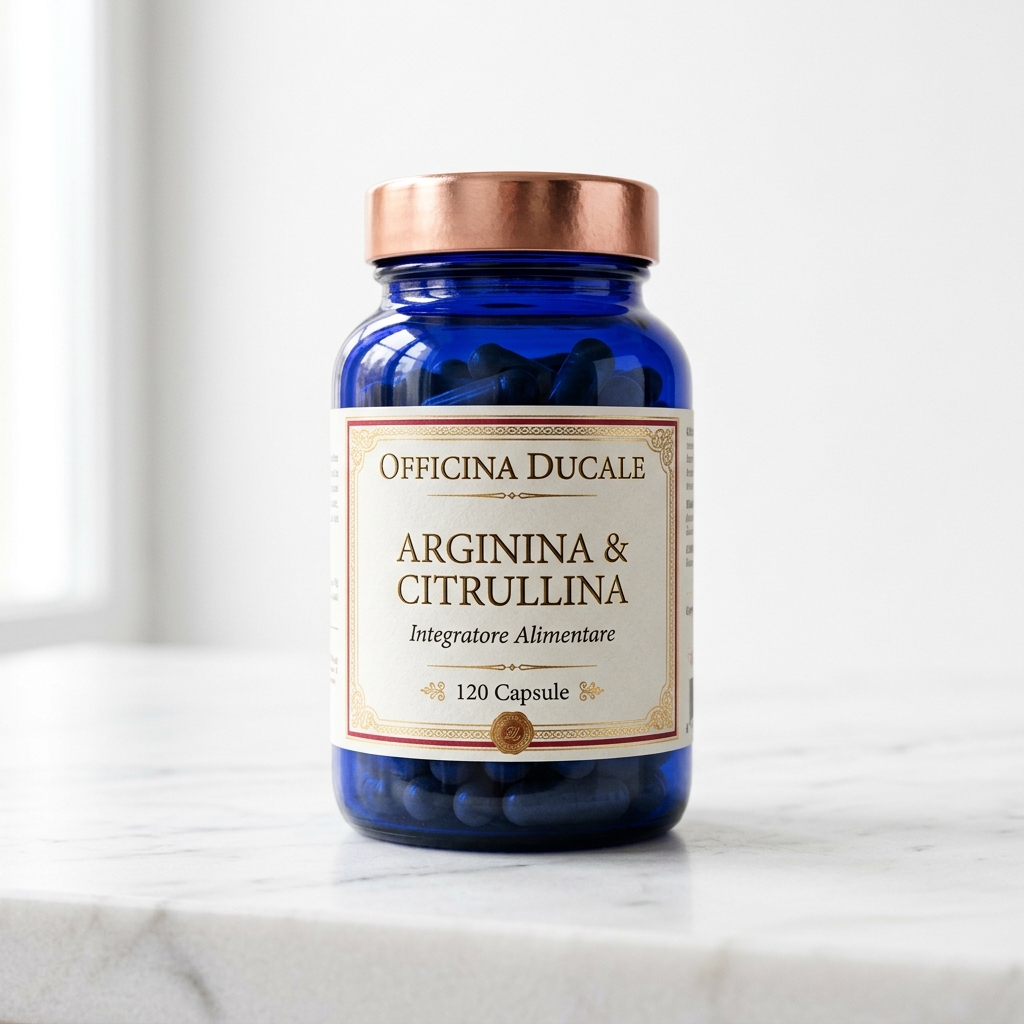 Flacone in vetro blu cobalto di OFFICINA DUCALE ARGININA & CITRULLINA da 120 capsule