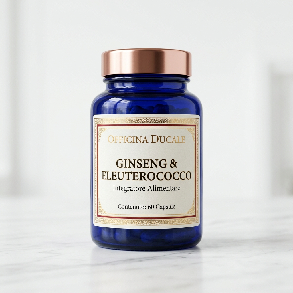 Flacone in vetro blu cobalto di OFFICINA DUCALE GINSENG & ELEUTEROCOCCO da 60 capsule