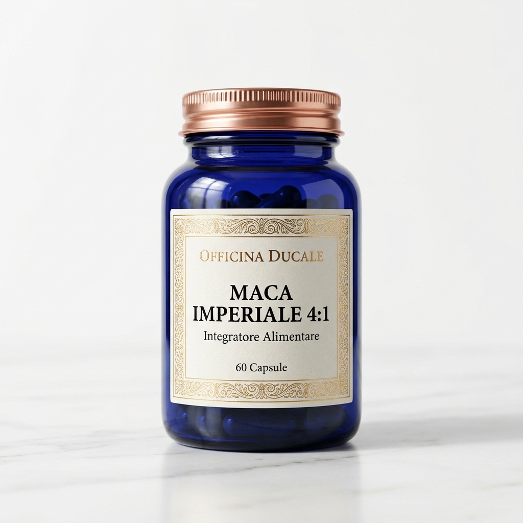 Flacone in vetro blu cobalto di OFFICINA DUCALE MACA IMPERIALE 4:1 da 60 capsule con tappo in rame rosato