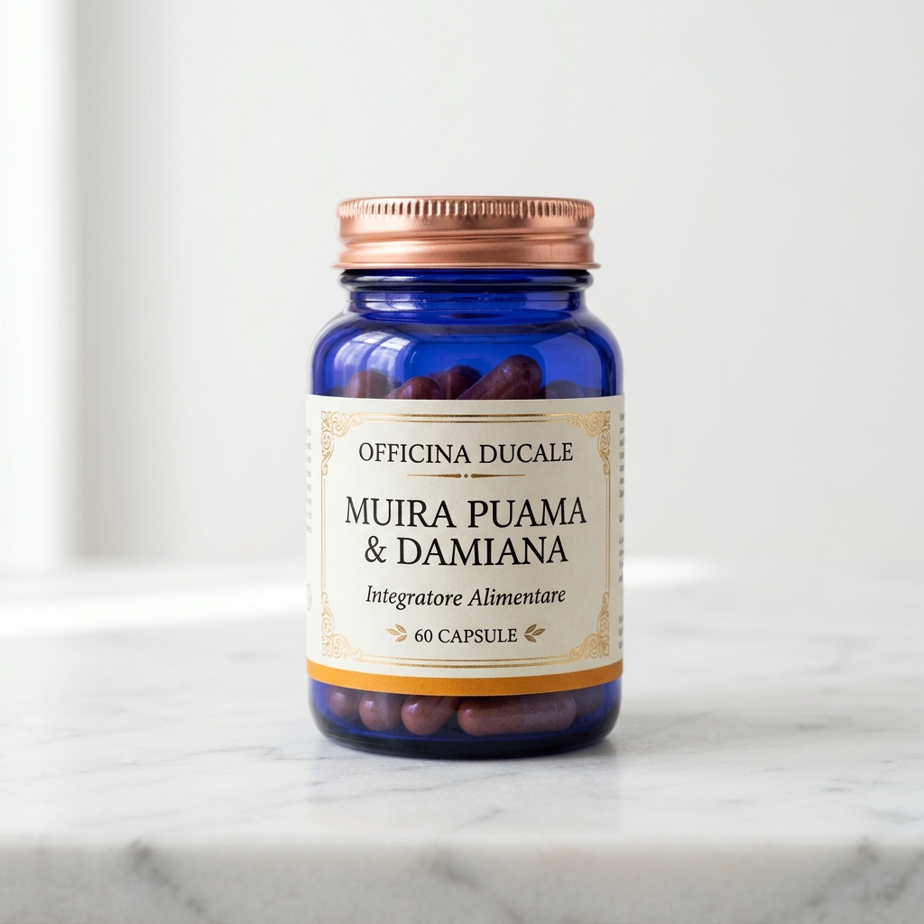 Flacone in vetro blu cobalto di OFFICINA DUCALE MUIRA PUAMA & DAMIANA da 60 capsule